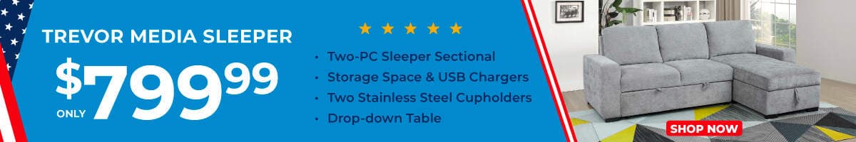 Trevor Media Sleeper only $799.99. Two-PC sleeper sectional, storage space & USB chargers, Two stainless steel cupholders, drop-down table, USB chargers. Shop now.